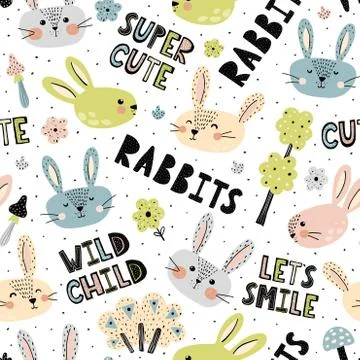Seamless pattern with cute rabbits and hand drawn lettering Stock Illustration
