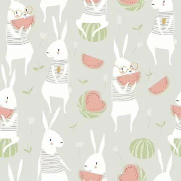 Seamless pattern with cute rabbits and watermelon Stock Illustration