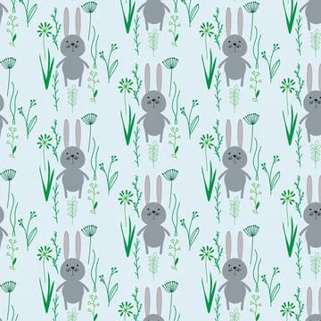 Seamless pattern with cute rabbits and leaf sprigs. Stock Illustration