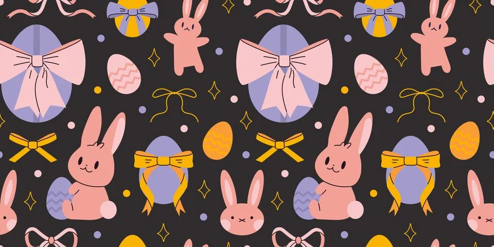 Seamless pattern with cute rabbits, Easter eggs, bows and stars. Traditional  Stock Illustration