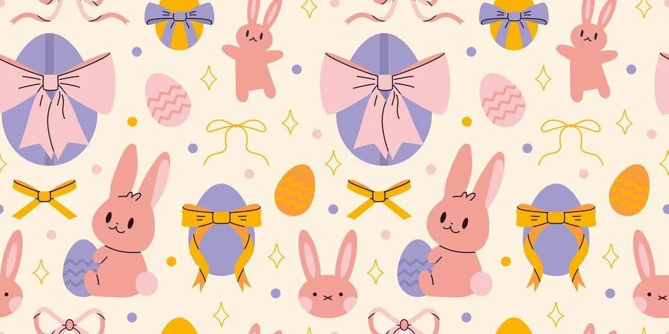 Seamless pattern with cute rabbits, Easter eggs, bows and stars. Traditional  스톡 일러스트