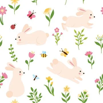 Seamless pattern with cute rabbits, flowers and butterflies Stock Illustration