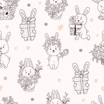Seamless pattern with cute rabbits. Funny rabbits in flower wreath and with Stock Illustration