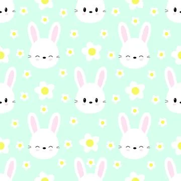 Seamless pattern of cute rabbits on a green background with flowers. Vector.	 스톡 일러스트