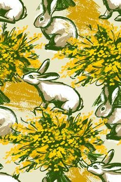 Seamless pattern. Cute rabbits with mimosa flowers. Delicate spring pattern. Stock Illustration