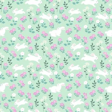 Seamless pattern with cute rabbits on spring garden design for Easter wrapp.. Stock Illustration