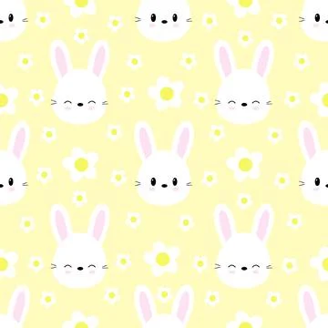Seamless pattern of cute rabbits on yellow background with flowers. Vector. Stock Illustration