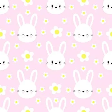 Seamless pattern of cute rabbits on yellow background with flowers. Vector.	 Stock Illustration
