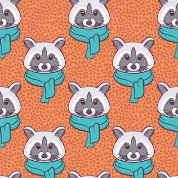 Seamless pattern with Cute Racoon in scarf. Print for fabric, t-shirt, poster Stock Illustration
