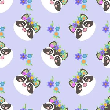 Seamless pattern with a cute racoon with wreaths of flowers in cartoon style. Stock Illustration
