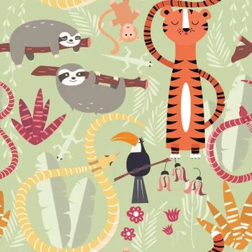 Seamless pattern with cute rain forest animals, tiger, snake, sloth Stock Illustration