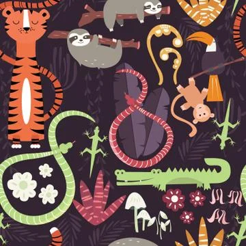 Seamless pattern with cute rain forest animals, tiger, snake, sloth Stock Illustration