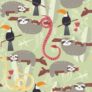 Seamless pattern with cute rain forest animals, toucan, snake, sloth Stock Illustration