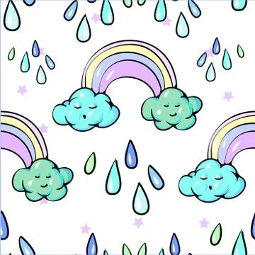 Seamless pattern Cute Rainbow Clouds Sun Raining drops Pastel Spring Vector Illustrazione stock
