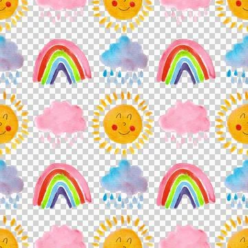 Seamless pattern of cute rainbow, rain clouds, suns with faces. Hand painted 스톡 일러스트