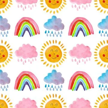 Seamless pattern of cute rainbow, rain clouds, suns with faces. Hand painted Stock Illustration