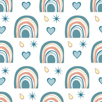 Seamless pattern of cute rainbows in boho style. Hand drawn Scandinavian rain Stock Illustration