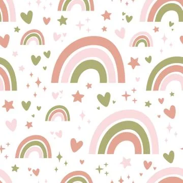 Seamless pattern with cute rainbows, stars and hearts. Stock Illustration