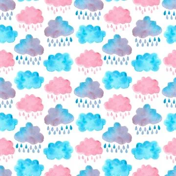 Seamless pattern of cute raining pink blue clouds, hand painted primitive art Stock Illustration