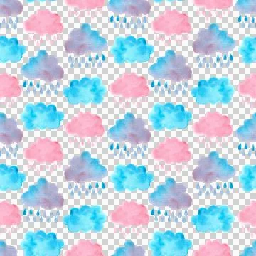 Seamless pattern of cute raining pink blue clouds, hand painted primitive art Illustrazione stock