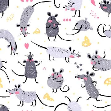 Seamless pattern with cute rats. Funny little mice for a repeatable design of Stock Illustration