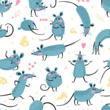 Seamless pattern with cute rats. Funny little mice for a repeatable design of 스톡 일러스트