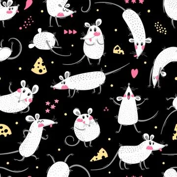 Seamless pattern with cute rats. Funny little mice for a repeatable design of Stock Illustration