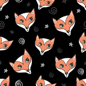 Seamless pattern. Cute red animal baby fox on black. Vector print for baby kids Stock Illustration