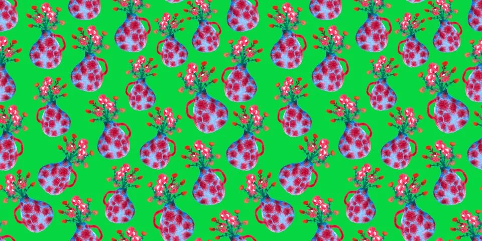 Seamless pattern of cute red blue fancy watercolor vase with flowers Stock Illustration