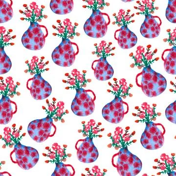 Seamless pattern of cute red blue fancy watercolor vase with flowers Stock Illustration