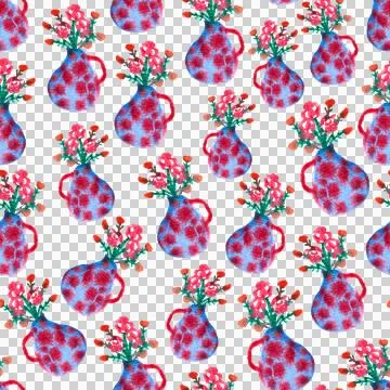 Seamless pattern of cute red blue fancy watercolor vase with flowers Stock Illustration
