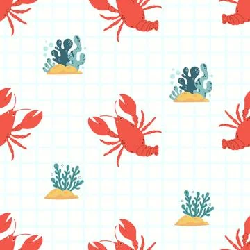 Seamless Pattern with cute red cancer animal on white checkered Background .. Stock Illustration