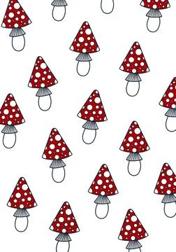 Seamless pattern with cute red fly-agaric amanita mushrooms. Isolated on whit Stock Illustration