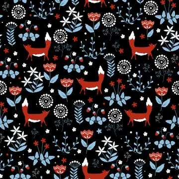 Seamless pattern with cute red foxes on flower Stock Illustration