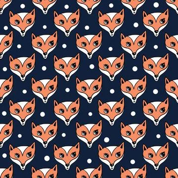 Seamless pattern with cute red foxes on navy color. Hand drawn vector 스톡 일러스트