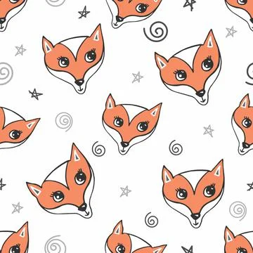 Seamless pattern with cute red foxes on white. Hand drawn vector Illustration Stock Illustration