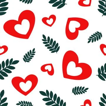 Seamless pattern with cute red heart with green leaves on white background Stock Illustration