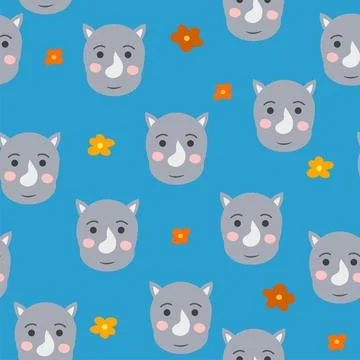 Seamless pattern with cute rhino animal faces. Illustration in boho style, dr Illustrazione stock