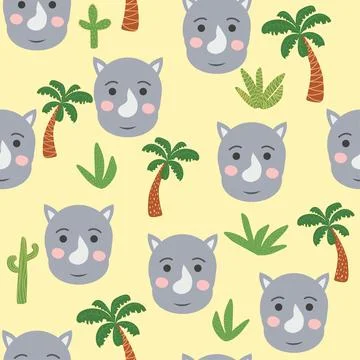 Seamless pattern with cute rhino animal faces. Illustration in boho style, dr Stock Illustration
