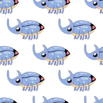 Seamless pattern, cute rhinoceros beetle, cartoon, baby. on white backgroun.. Stock Illustration