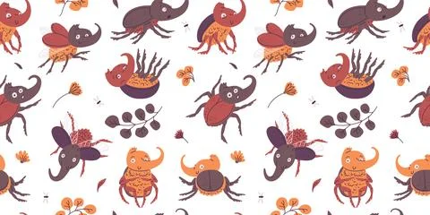 Seamless pattern with cute Rhinoceros beetles on floral background, vector Stock Illustration