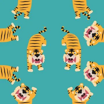Seamless pattern of cute roaring orange tigers Stock Illustration