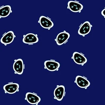Seamless pattern Cute robot head with glowing x eyes and smile Stock Illustration