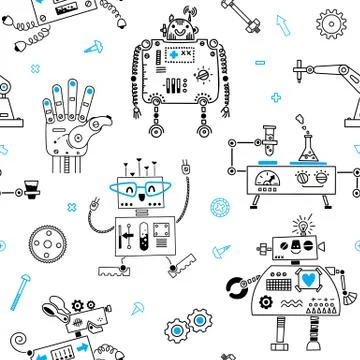 Seamless pattern with cute Robots and Robotics. Vector illustration 스톡 일러스트