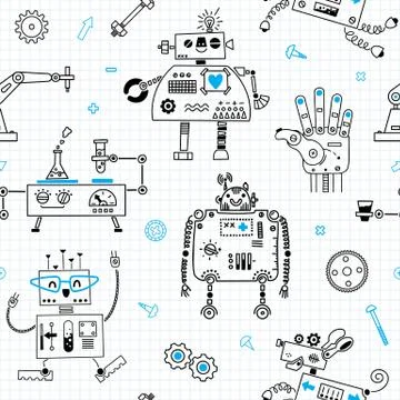 Seamless pattern with cute Robots and Robotics. Vector illustration Stock Illustration