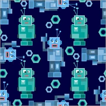 Seamless pattern with cute robots. Stock Illustration