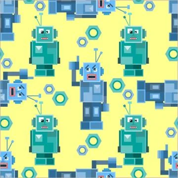Seamless pattern with cute robots. Stock Illustration