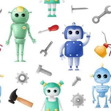 Seamless pattern with cute robots. Robots with big eyes, girl, boy. Stock Illustration