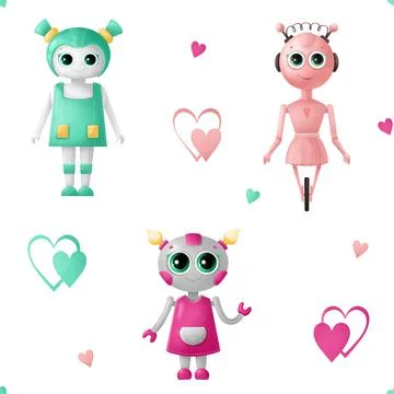 Seamless pattern with cute robots. Robots with big eyes, girl. Stock Illustration