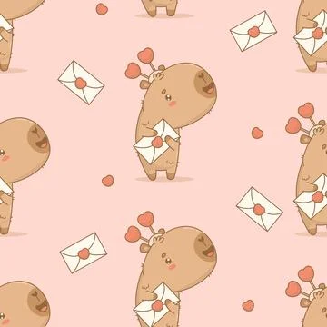 Seamless pattern with Cute romantic cartoon capybara with love letter on pi.. 스톡 일러스트